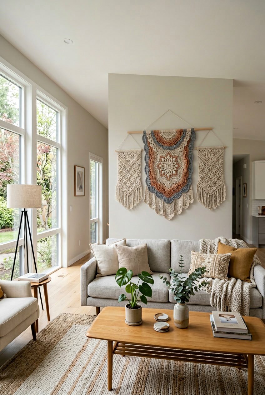 A bright living room with crochet wall hangings displayed on a neutral wall above a sofa and coffee table.