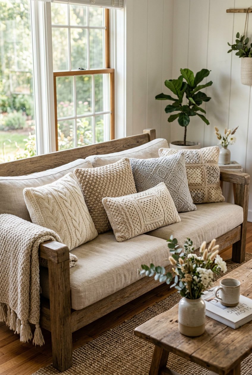 A cozy living room with crochet pillow covers arranged on a wooden sofa near a window with sunlight, a coffee table with flowers, and plants in the background.