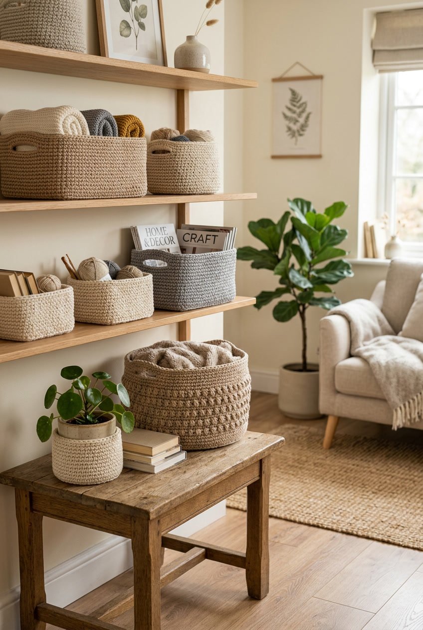 A cozy home interior with handmade crochet baskets used for storage on wooden shelves and a side table, filled with blankets, magazines, and plants.