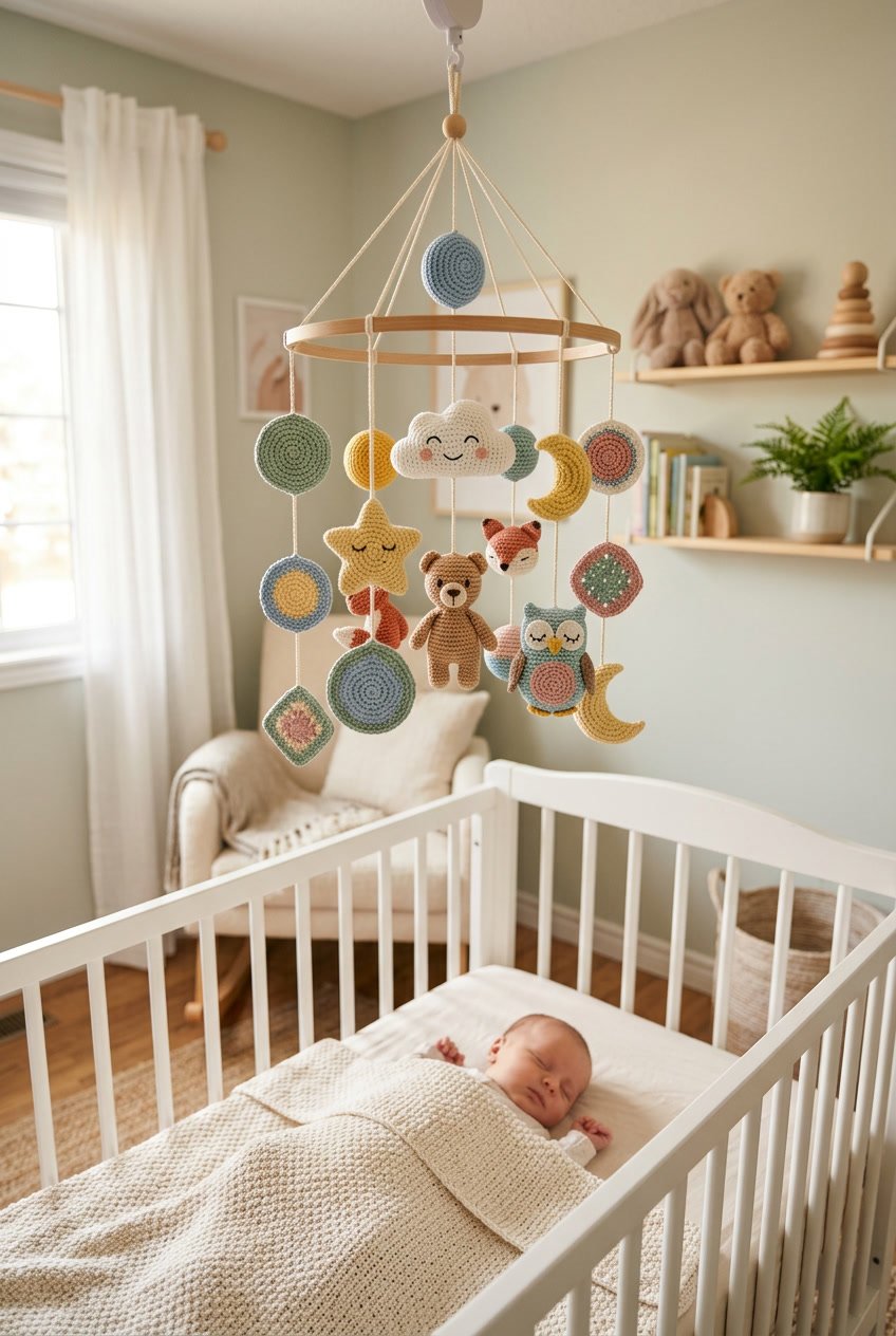 A nursery room with a crochet mobile hanging above a baby's crib, featuring colorful crochet shapes and soft natural lighting.