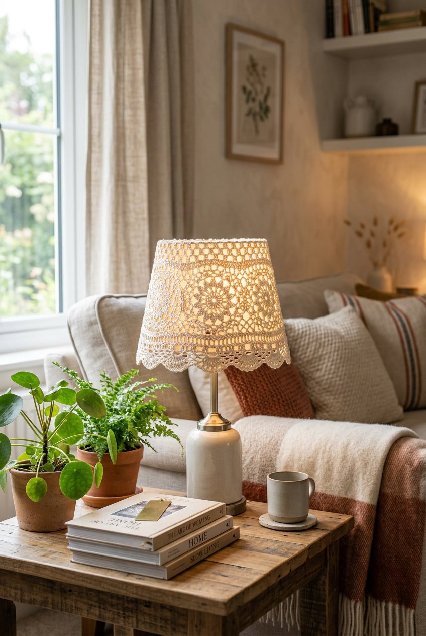 A cozy living room scene with a table lamp featuring a handmade crochet lampshade cover on a wooden side table next to a green plant and books.