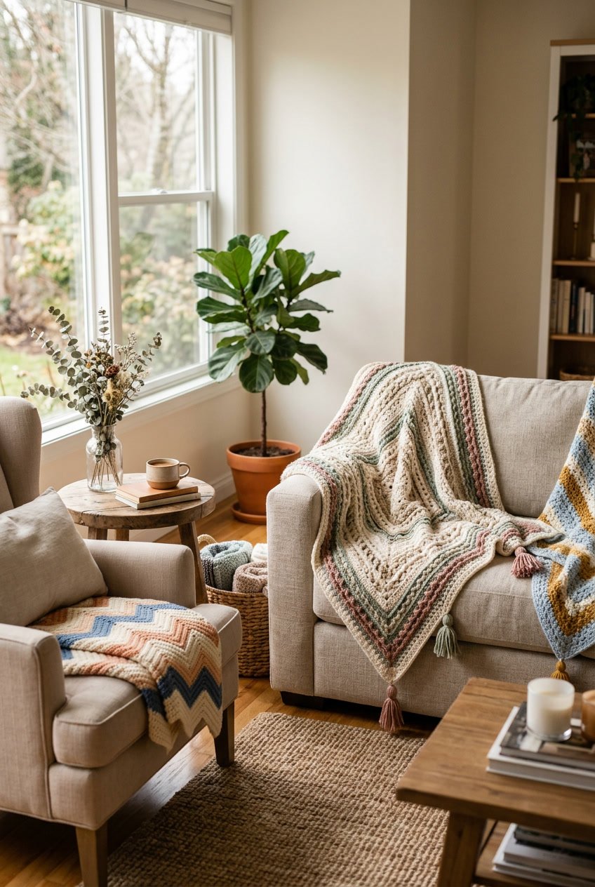 A living room with crochet throw blankets draped over a sofa and armchair, surrounded by plants and home decor.