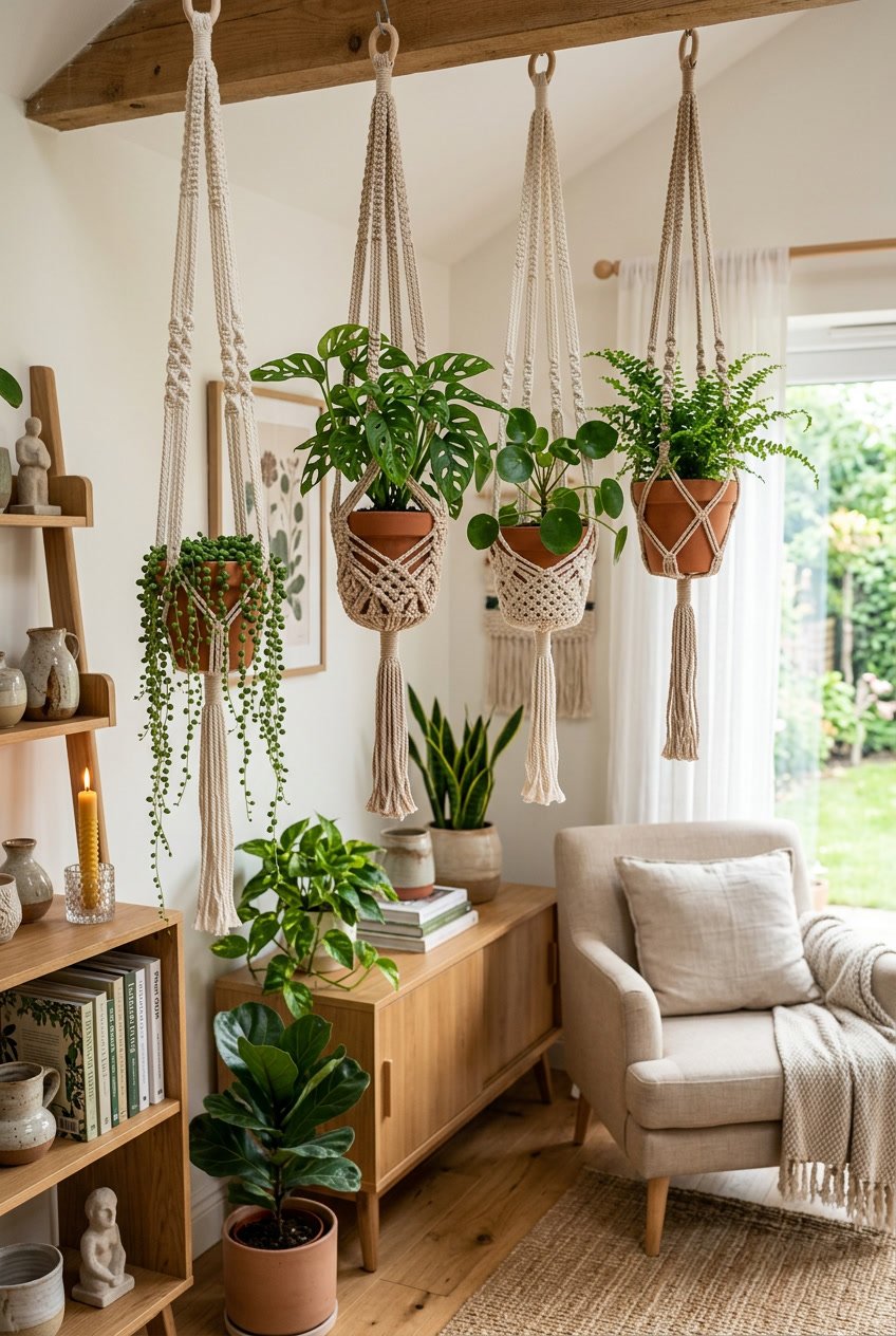 A cozy living room with green plants hanging in crochet holders, surrounded by wooden furniture and soft natural light.