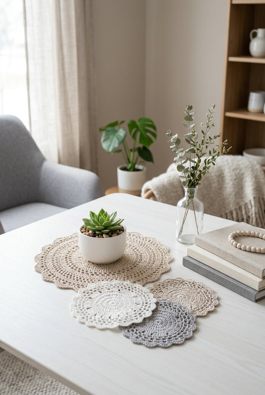 A light wooden table with several crochet doilies arranged alongside a potted plant, books, and a glass vase with greenery in a softly lit room.