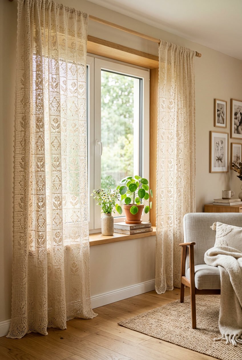 Crochet curtain panels hanging in a bright living room with a window, a potted plant, and an armchair.
