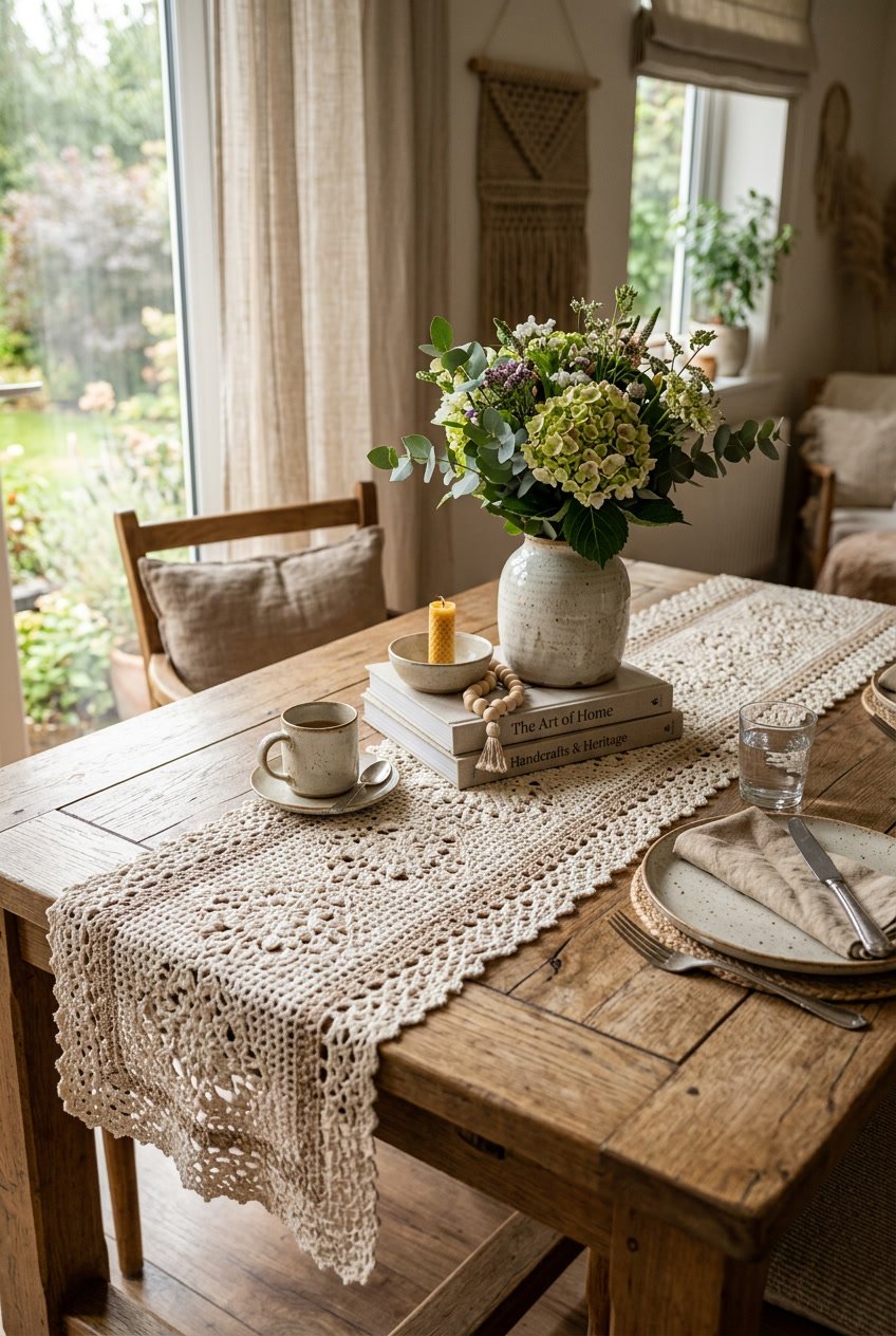 A wooden dining table with decorative crochet table runners, fresh flowers in a vase, and books in a bright, cozy room.