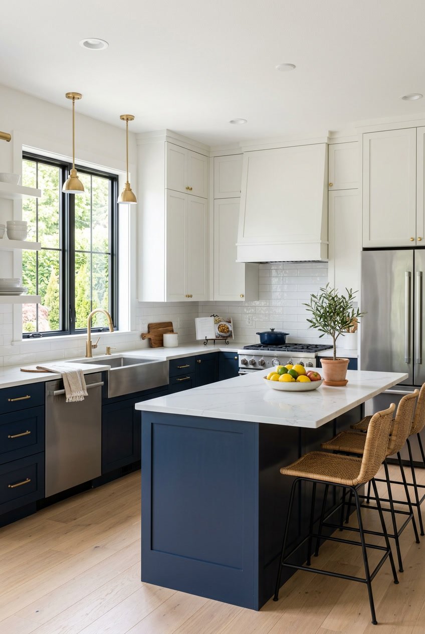 A bright kitchen with two-tone cabinets, light upper cabinets and dark lower cabinets, featuring a clean countertop and natural light.