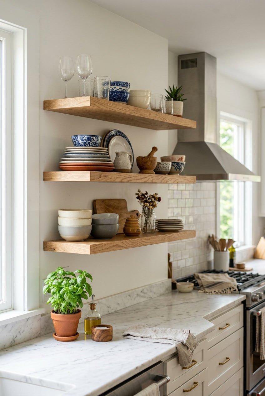 A kitchen with open wooden shelves displaying decorative dishes including plates, bowls, and glassware.