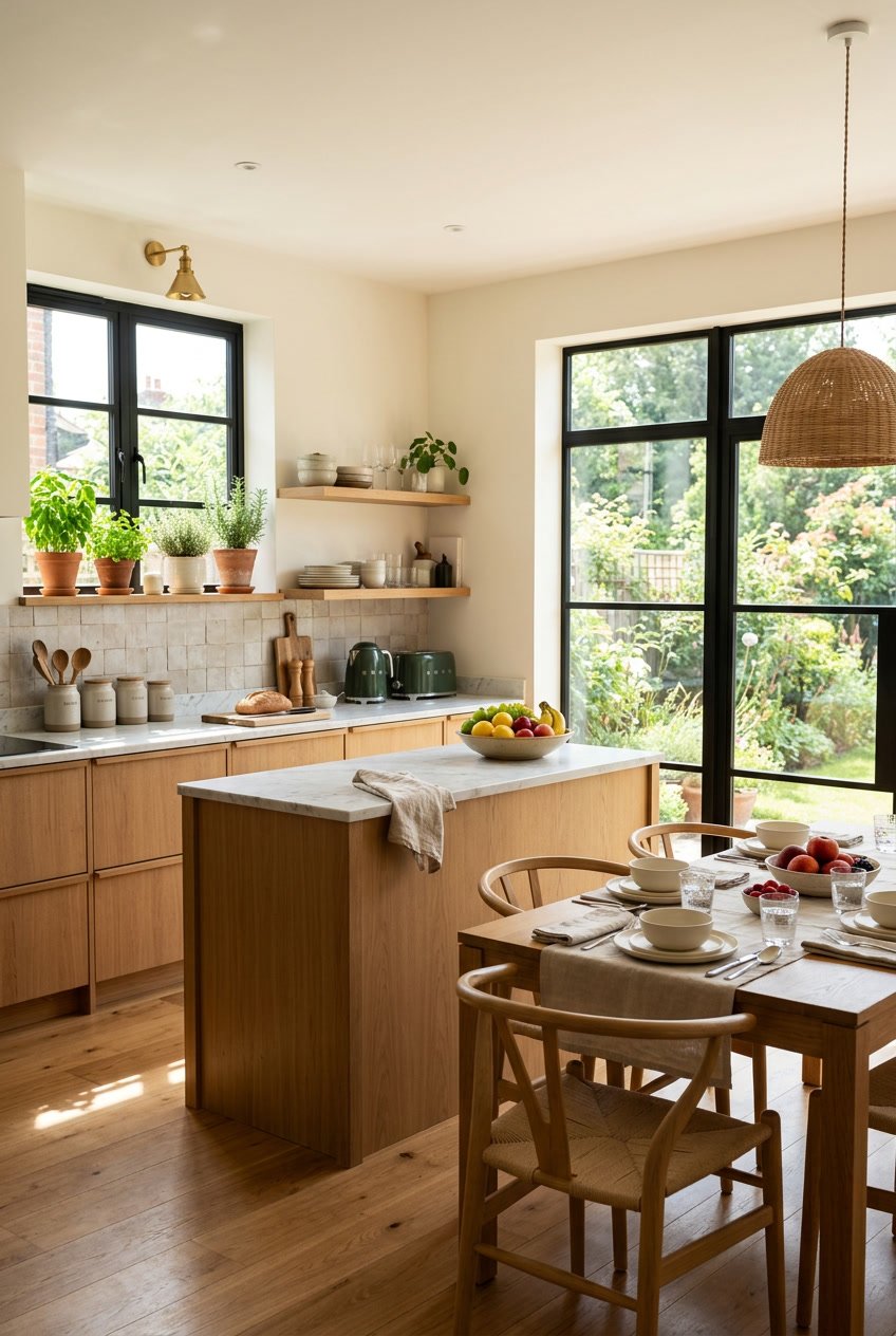A kitchen with warm white walls, wooden cabinets, a marble countertop, and a dining table with tableware and fresh fruit.