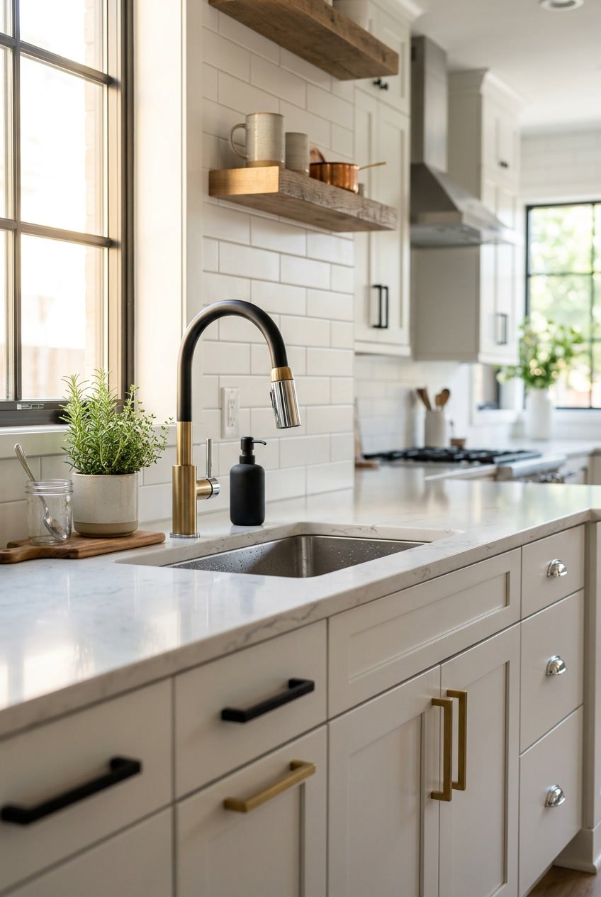 A modern kitchen sink area with mixed metal fixtures including a faucet and cabinet handles, a light countertop, and a white tiled backsplash.