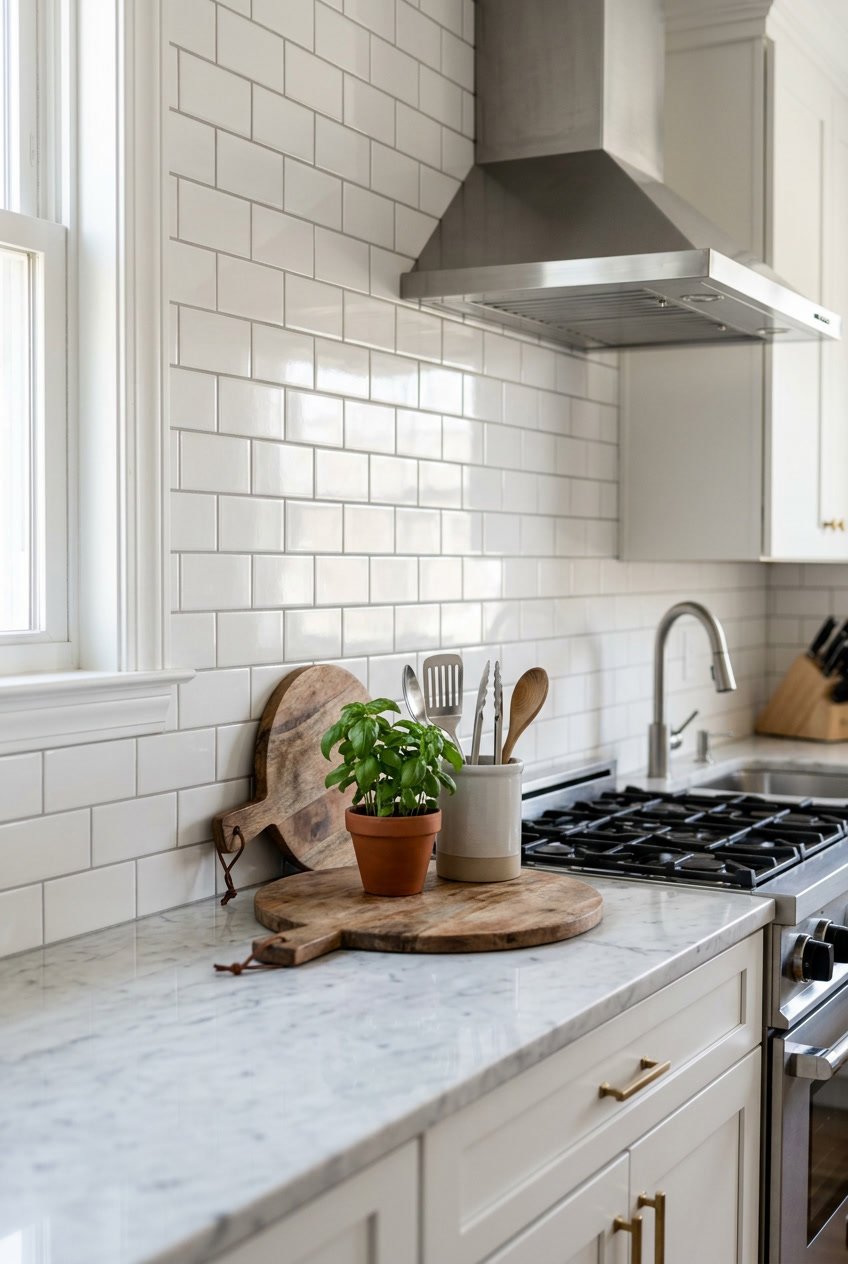 A clean kitchen countertop with a white subway tile backsplash, a wooden cutting board, a small potted plant, and kitchen utensils.