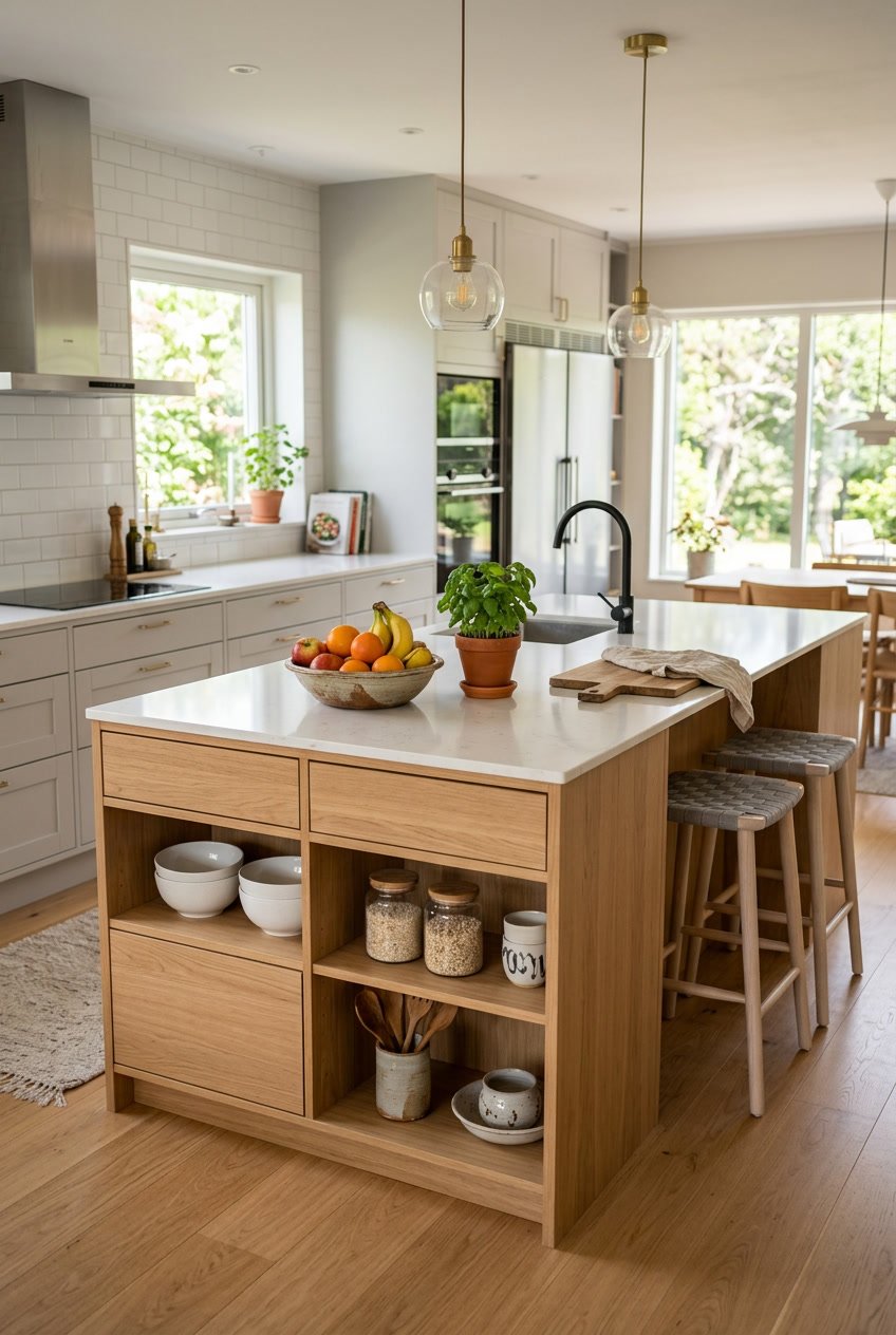 A modern kitchen with a large kitchen island that has built-in storage, surrounded by appliances and bright natural light.