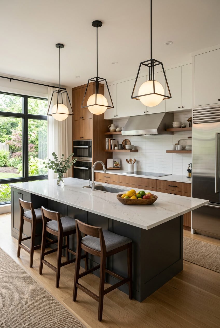 A modern kitchen island with pendant lights hanging above it, surrounded by cabinetry and appliances.
