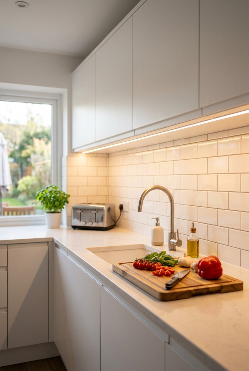 A modern kitchen countertop illuminated by under-cabinet LED lights, with cabinets, a faucet, and kitchen accessories visible.