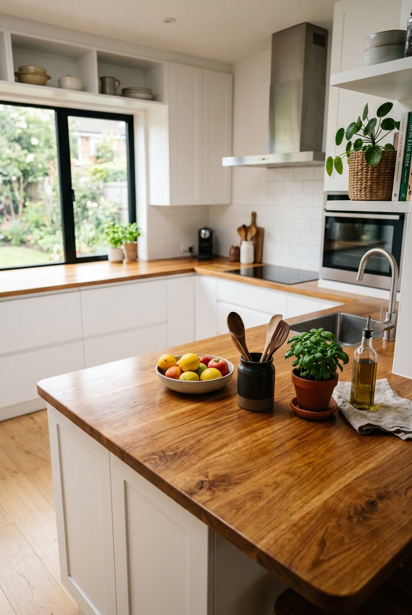 A modern kitchen with wooden countertops, plants, and kitchenware arranged neatly.