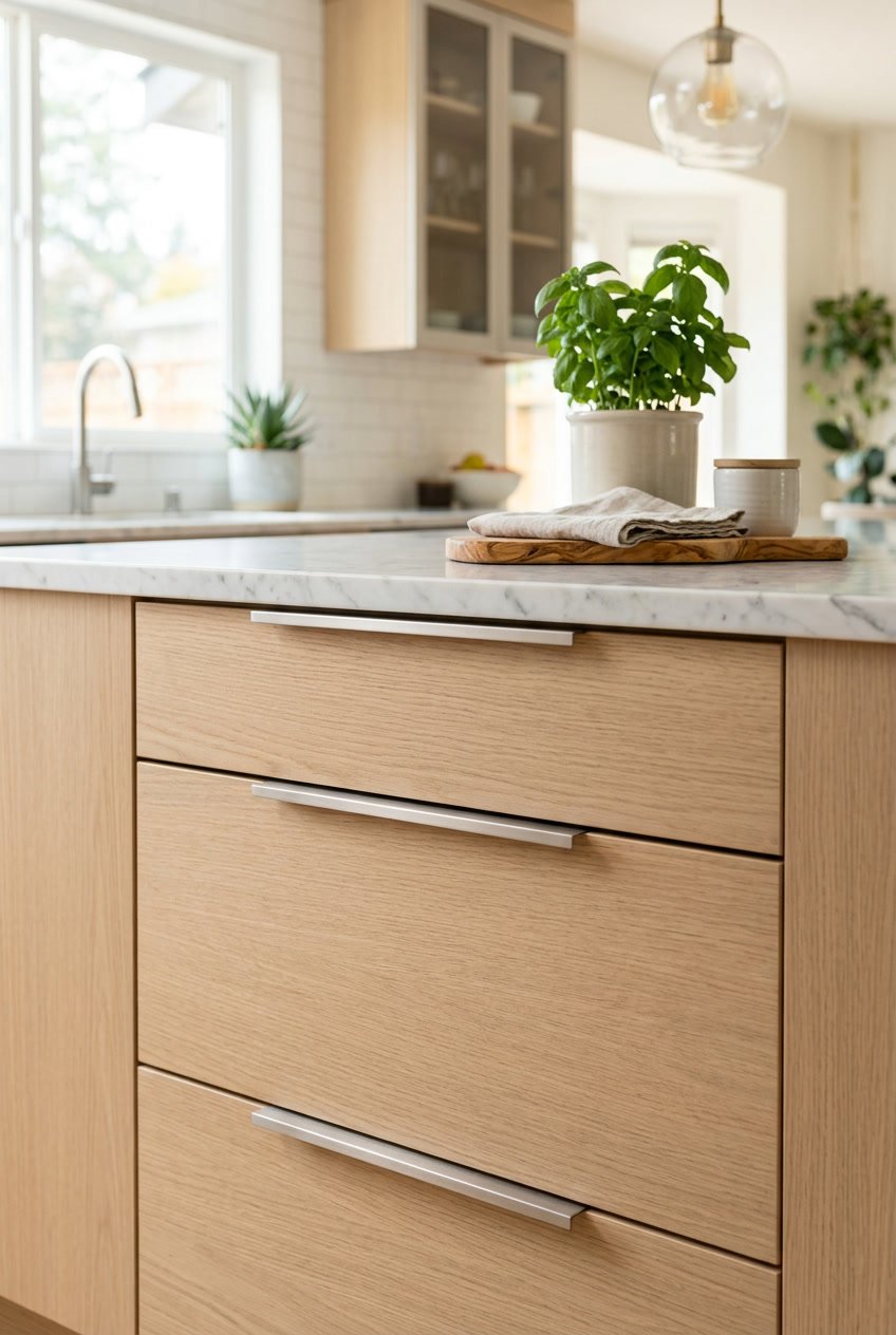 Close-up of a kitchen drawer with simple metallic handles in a bright kitchen setting.