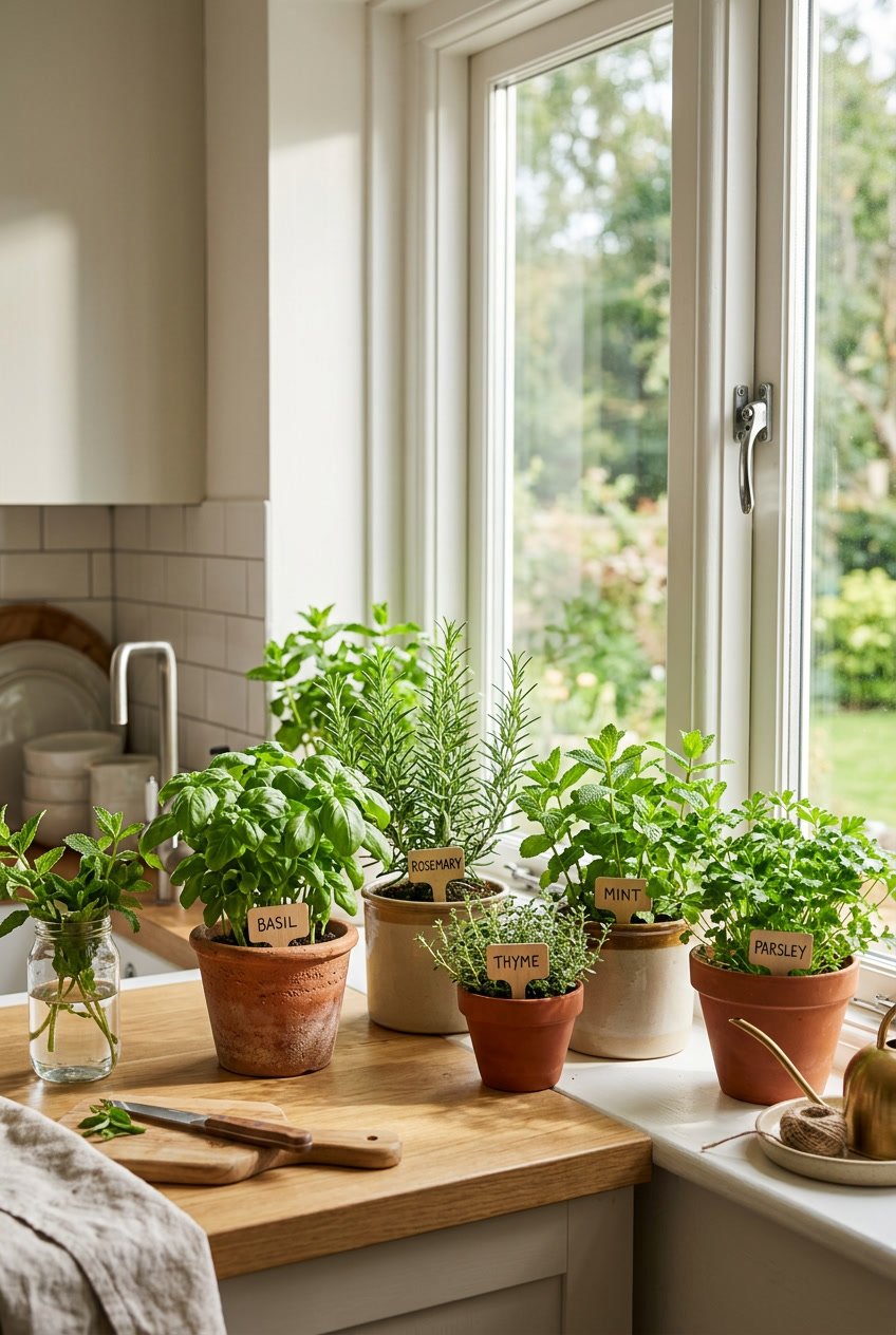 Indoor herb garden with various green plants on a windowsill in a kitchen.