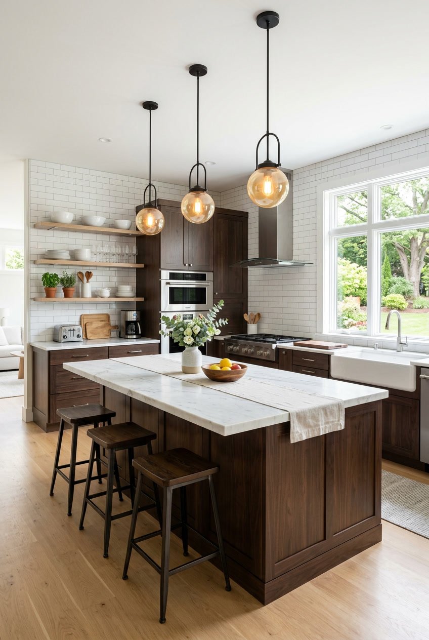 A bright kitchen with a large island, cabinets, stainless steel appliances, pendant lights, and natural light coming through windows.