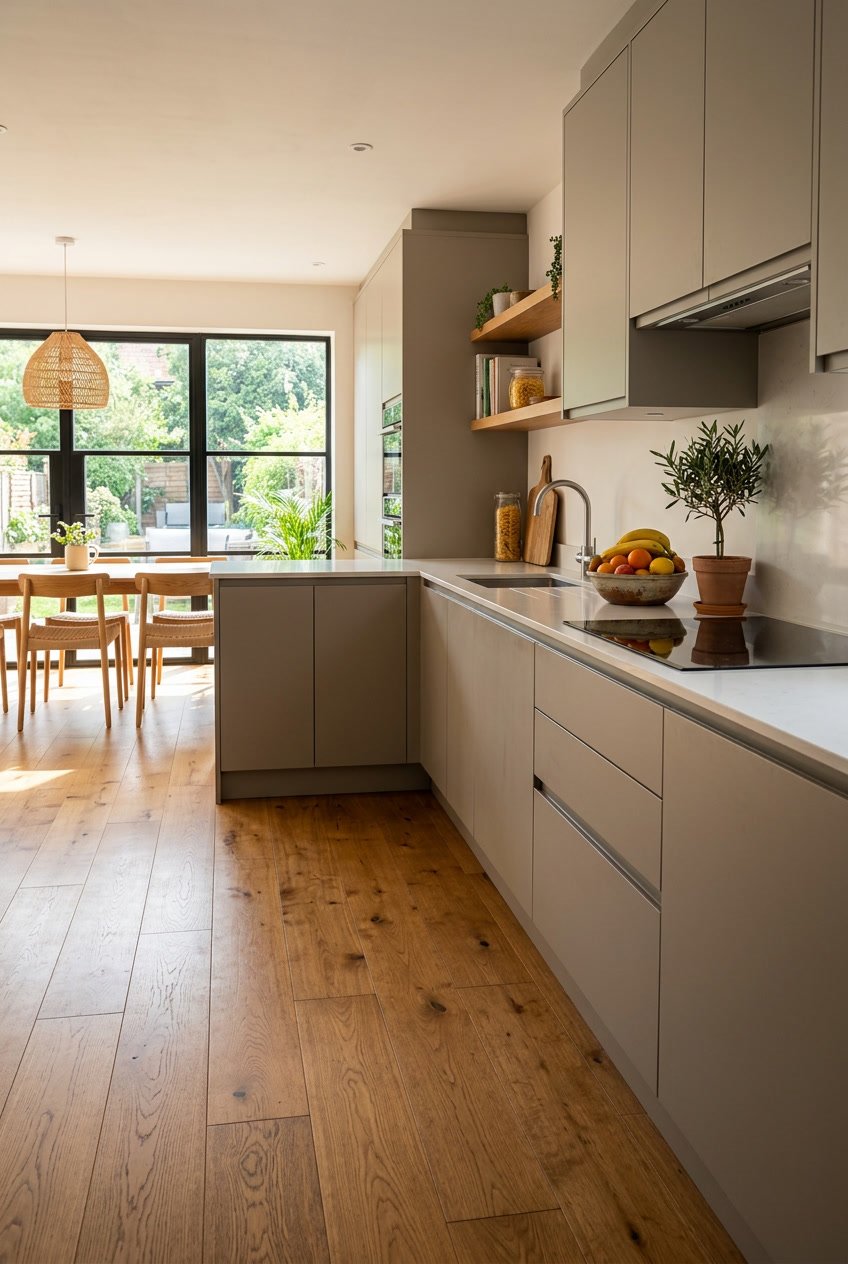 A modern kitchen with warm oak wood flooring, neutral cabinets, and sunlight coming through large windows.