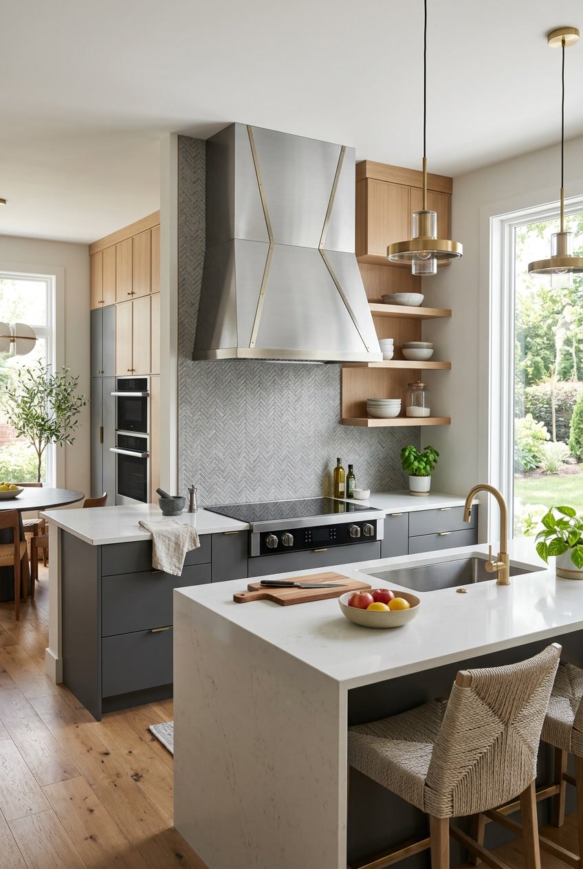 A modern kitchen with a large statement range hood above the cooktop, surrounded by sleek cabinets and a kitchen island.