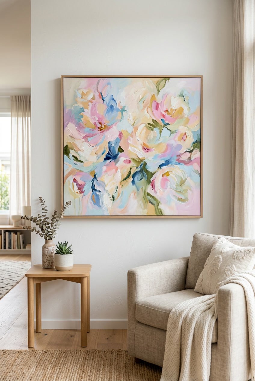 A colorful abstract floral painting hanging on a wall in a modern living room with simple decor.