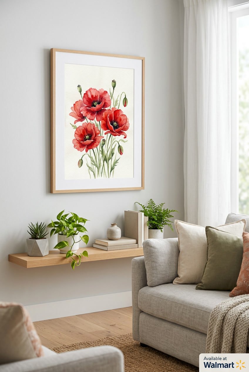 A framed watercolor painting of red poppy flowers hanging on a wall in a living room with a sofa and plants.