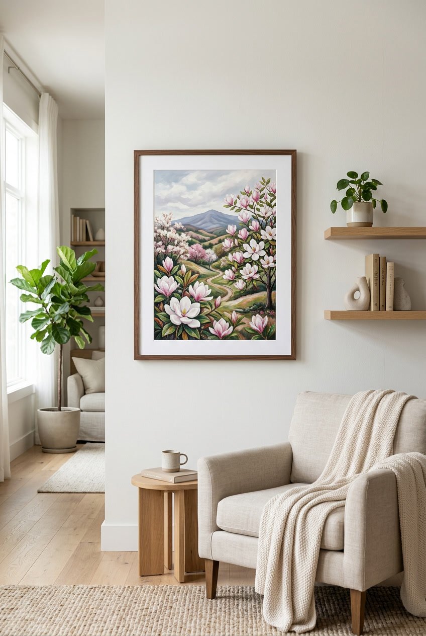 A framed landscape painting featuring magnolia flowers hanging on a wall in a living room with a chair and a plant nearby.