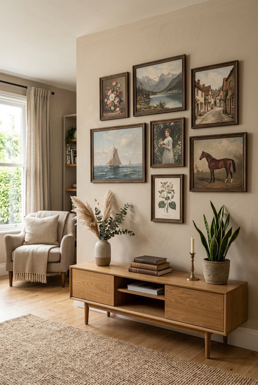 A living room wall with several framed vintage canvas paintings above a wooden console table, surrounded by plants and decorative items.