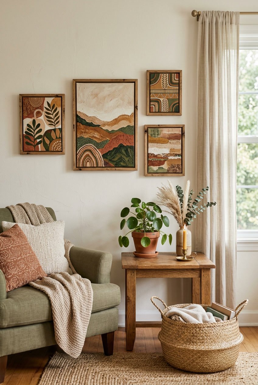 A cozy living room corner with artistic wall paintings, a wooden side table with a plant, woven baskets, and soft cushions.