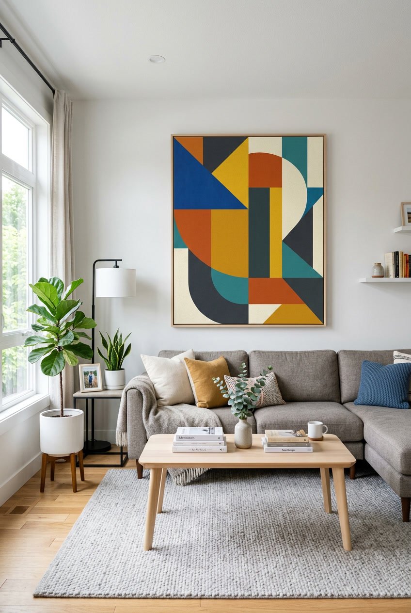 A modern living room with a large colorful geometric painting on the wall, a sofa, coffee table, and plants.