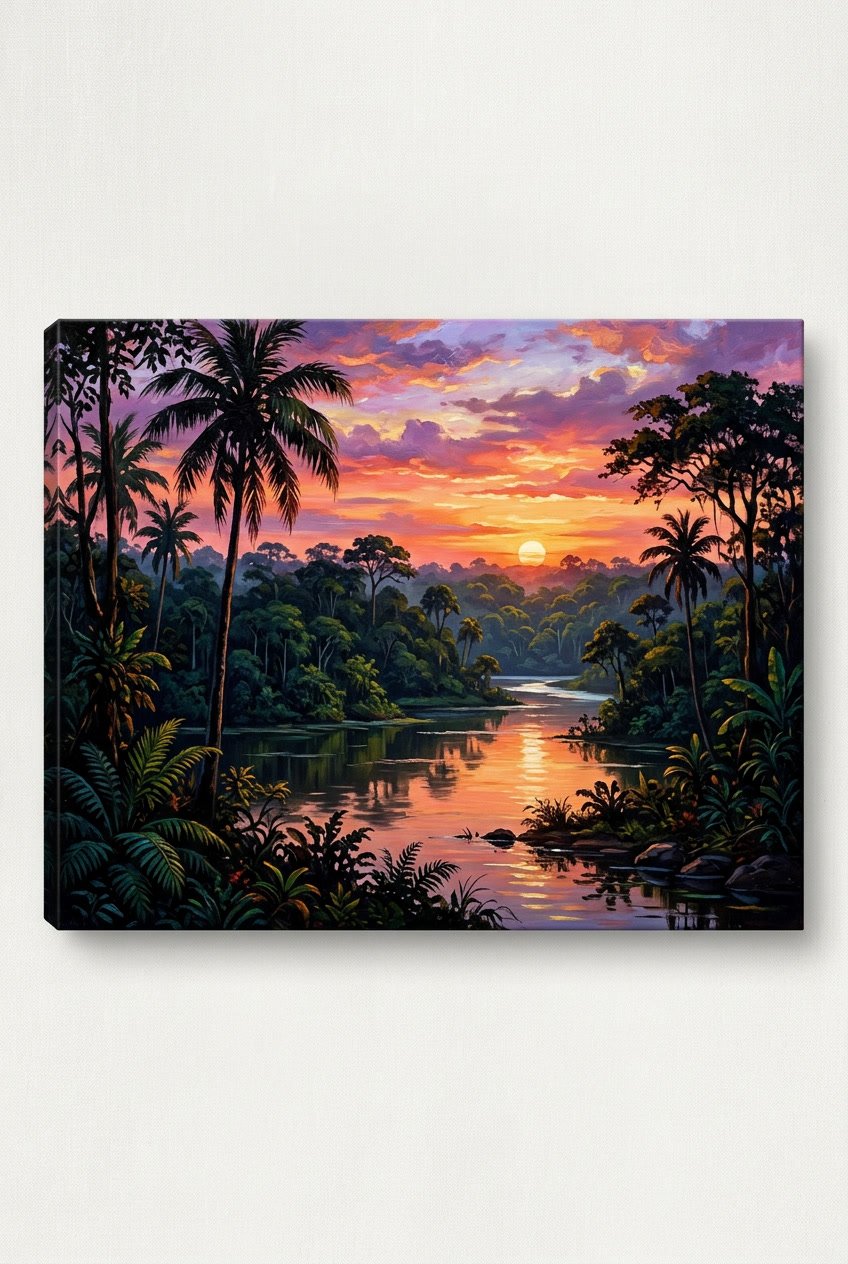 A colorful sunset over a dense tropical rainforest with palm trees and a calm river reflecting the sky.