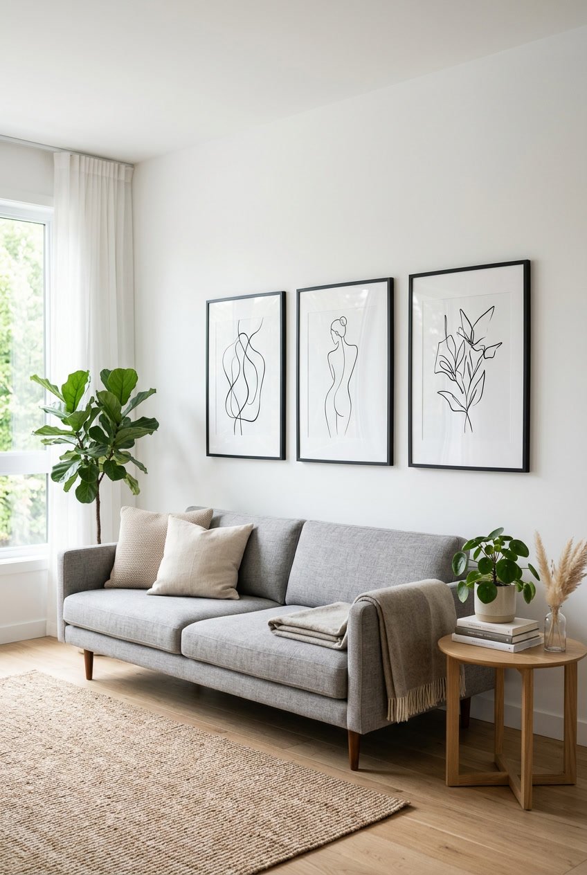 A modern living room with black and white line art prints on a white wall, neutral furniture, and a small plant on a side table.