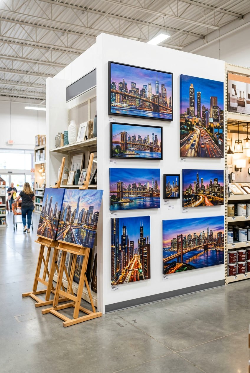 Interior of a Home Depot store showing a display of large cityscape paintings arranged on walls and easels with shelves of products in the background.