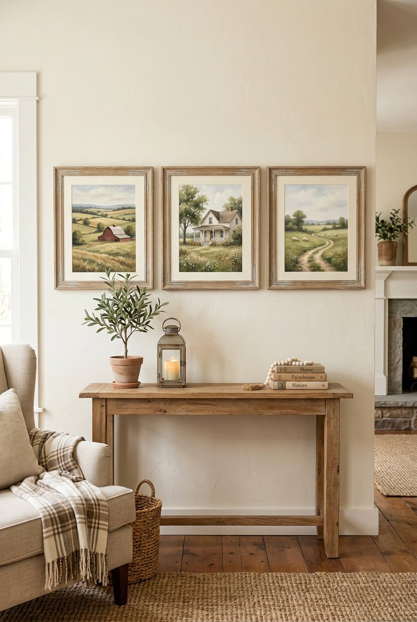 Three framed paintings of countryside landscapes displayed above a wooden console table with decorative items in a living room.
