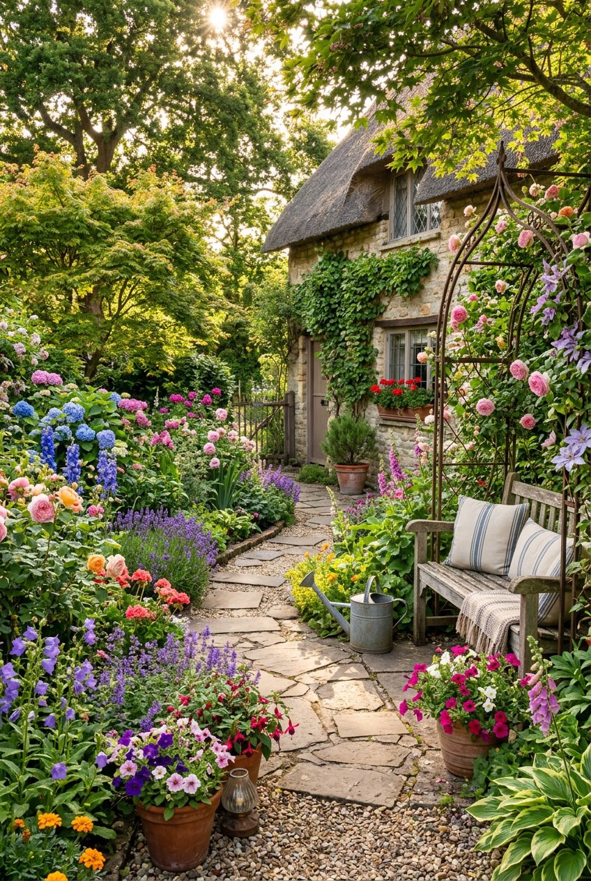 A colorful garden with flowers, greenery, a wooden bench, and a garden path under natural sunlight.