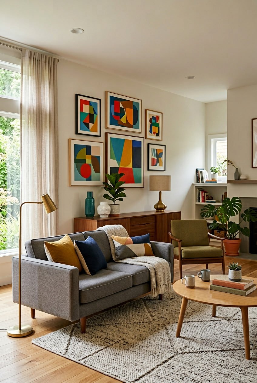 A living room with a sofa, wooden furniture, plants, and abstract paintings on the walls.