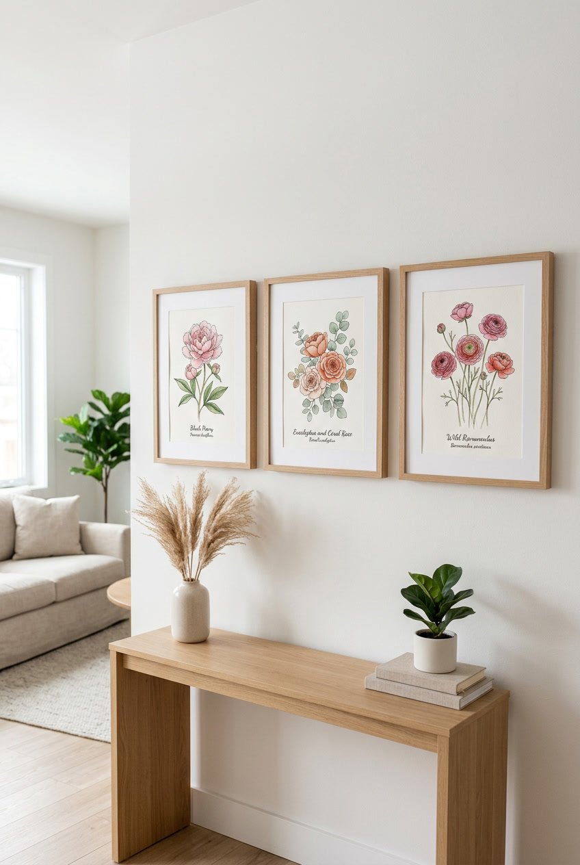 Three framed botanical prints with pink plant illustrations displayed on a white wall.