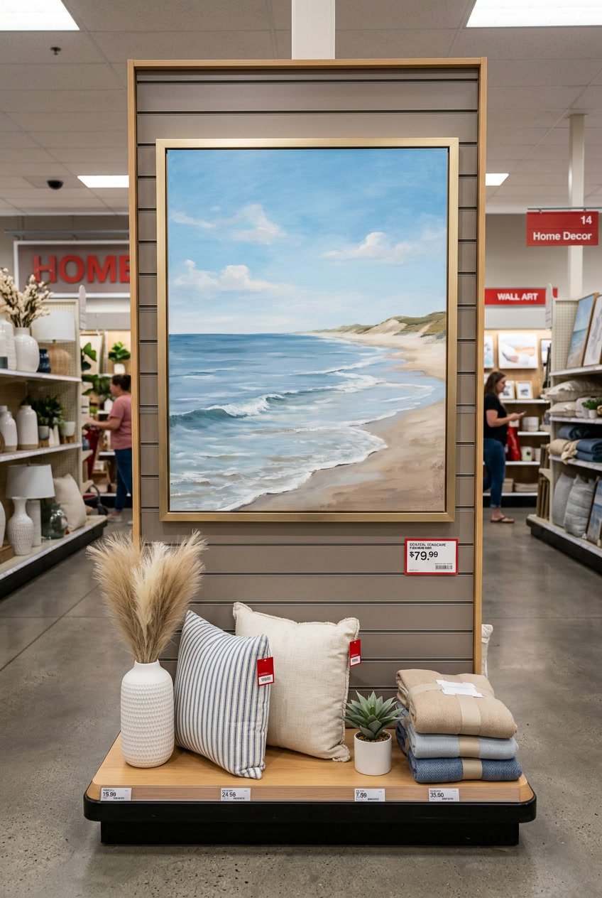 Large framed coastal seascape painting displayed in a home decor section of a store with surrounding decorative items.