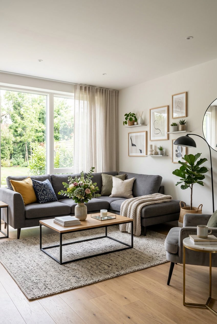 A bright living room with a sofa, coffee table, armchair, plants, and decorative items.