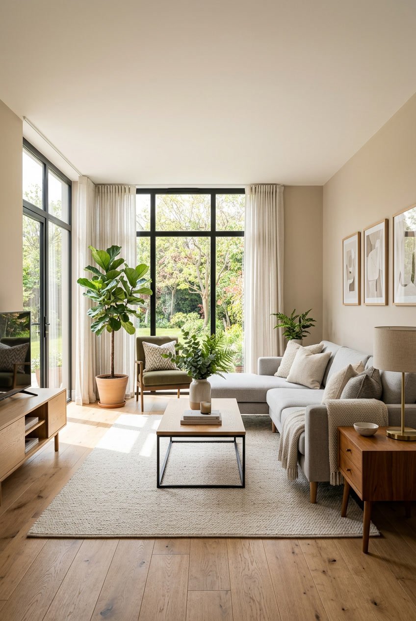 A bright living room with neutral-colored walls, a sofa, coffee table, and plants.