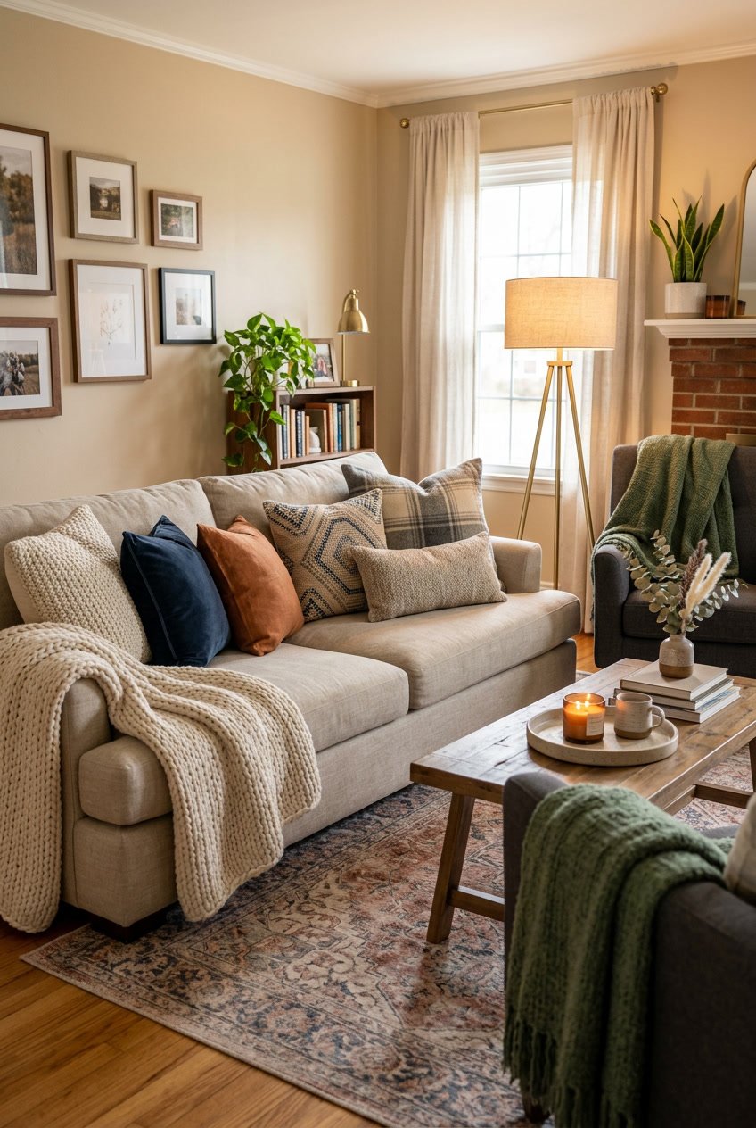 A living room with a sofa covered in cushions and throws, a wooden coffee table, and warm lighting.