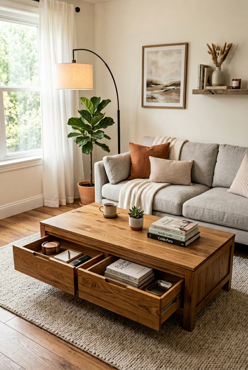Living room with a wooden coffee table featuring storage compartments, surrounded by a sofa, rug, and decorative items.