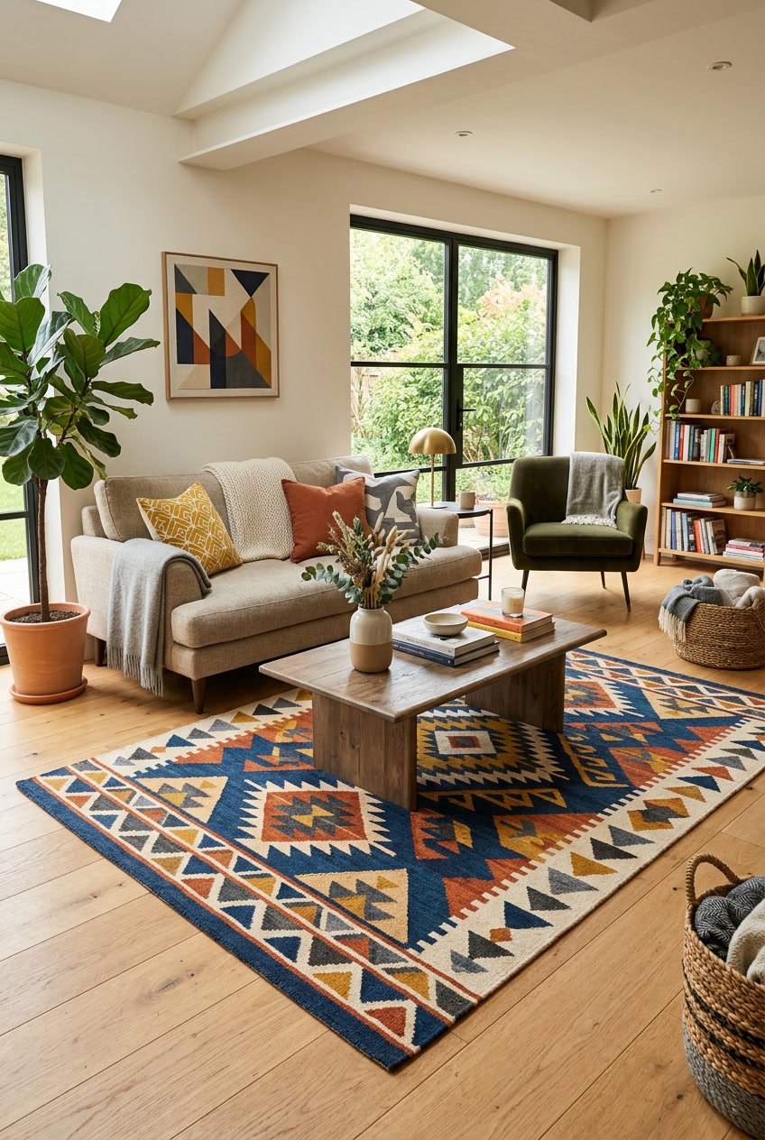 Living room with a sofa, coffee table, plants, and a colorful geometric patterned rug on the floor.