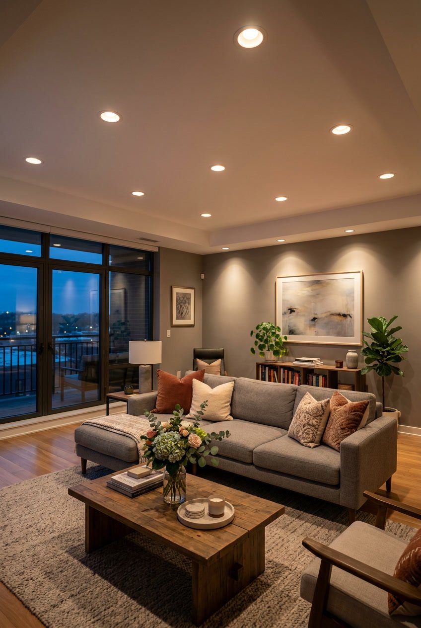 Living room with dimmable recessed ceiling lights creating a warm and inviting atmosphere over a sofa and coffee table.
