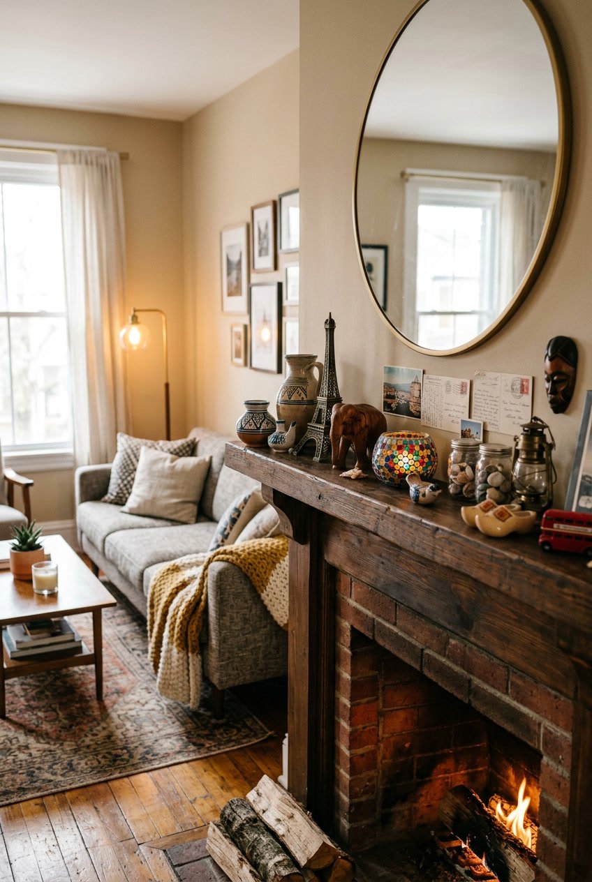 A living room shelf displaying various travel souvenirs and trinkets with a sofa and coffee table in the background.