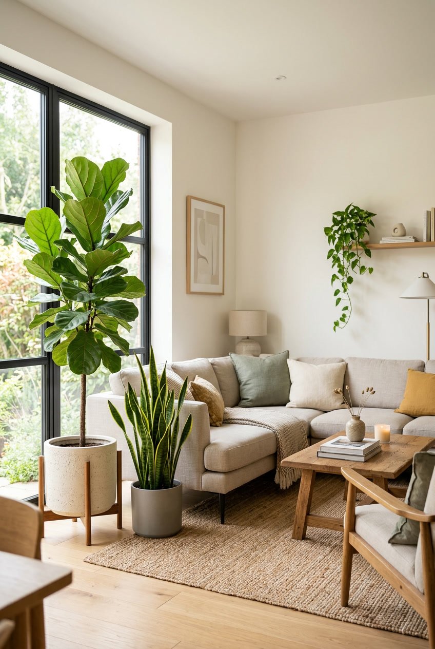 A living room with a fiddle leaf fig and a snake plant near a window, surrounded by modern furniture and home decor.