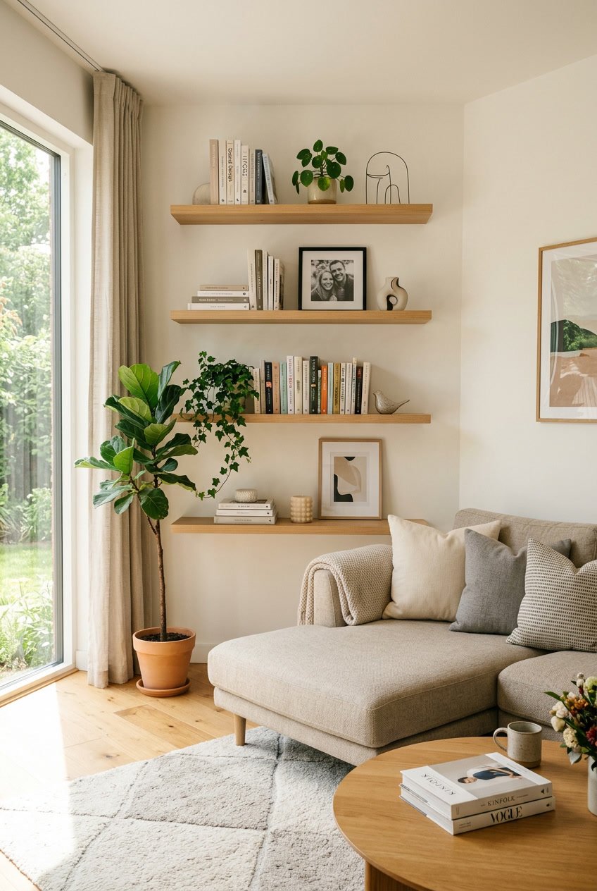 Living room with floating shelves on the wall holding books, plants, and decorative items above a sofa.