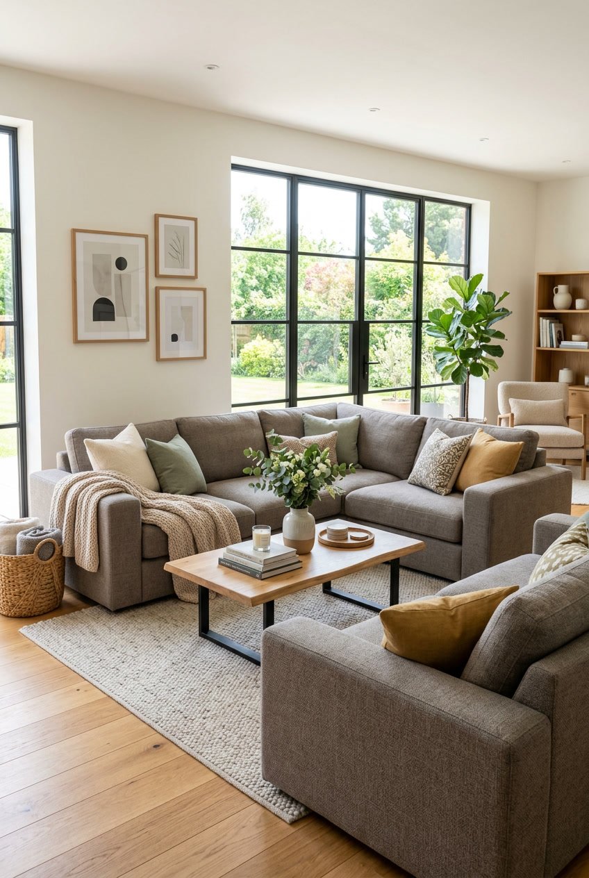 A bright living room with a large sectional sofa, coffee table, indoor plants, and natural light coming through windows.
