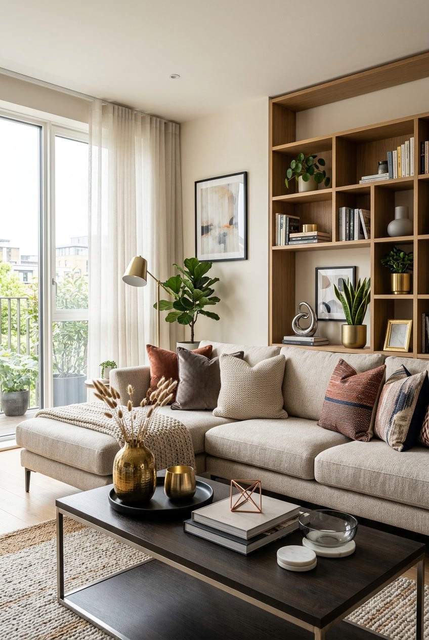 A living room with a sofa, coffee table, and shelving unit decorated with a variety of metallic and matte decor items.