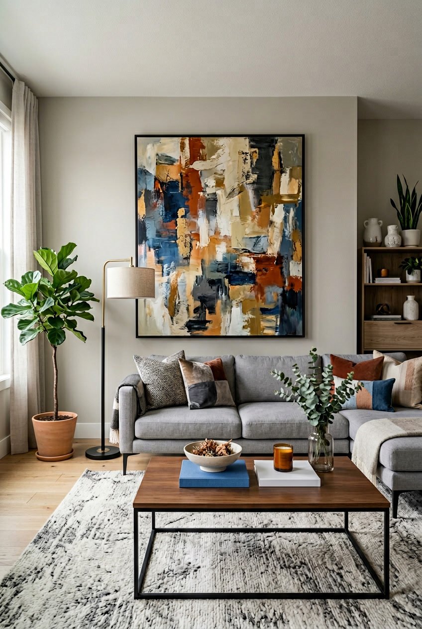 Living room with a large abstract painting on the wall above a sofa and coffee table.